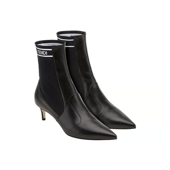 Fendi Rockoko Black Scuba Stretch FF Logo Knit Sock Ankle Kitten Heel Boot 35.5 - Picture 4 of 11